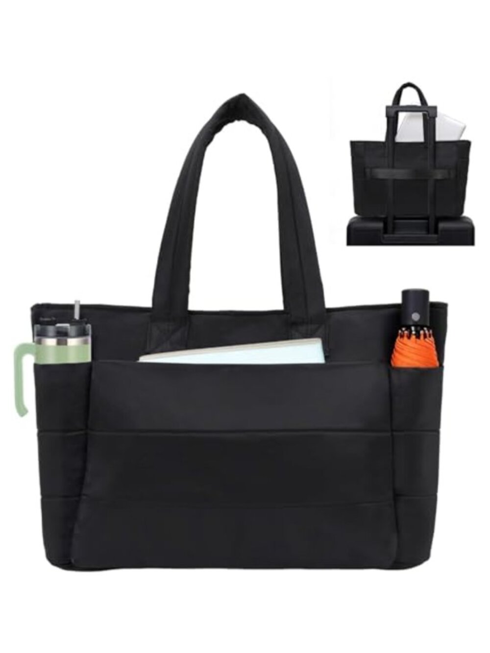 Large Quilted Puffer Tote Bag with Laptop Compartment & Trolley Sleeve